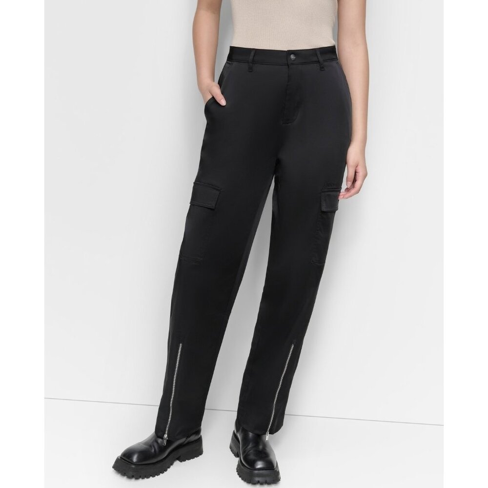 DKNY Women's Sateen Zip-Hem Straight-Leg Cargo Pants Black Size 2 MSRP $99